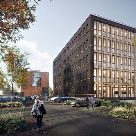 Aussenansicht vom Parkplatz mit Einblick in das Gebäude - Projekt von Elektro Pixis des OEK